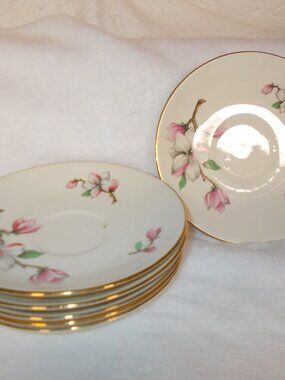 6 VTG  Homer Laughlin Rhythm pink dogwood saucers with gold-color trim